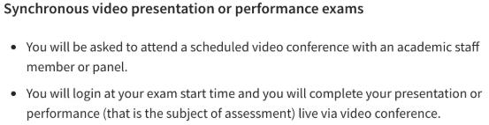 Synchronous Video Presentation or Performance Exams